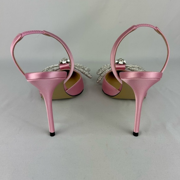 Mach & Mach RARE Double Bow Crystal-embellished Pink Satin Slingback Heels - Picture 4 of 16